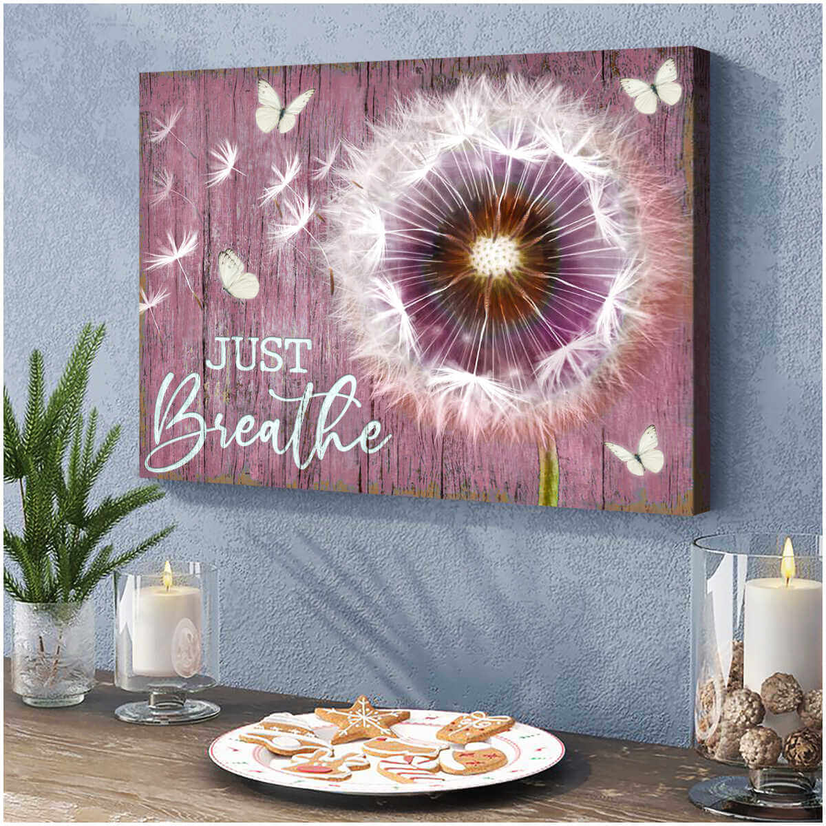 OHCANVAS Dandelion And Butterfly Just Breathe Soft Pink BG