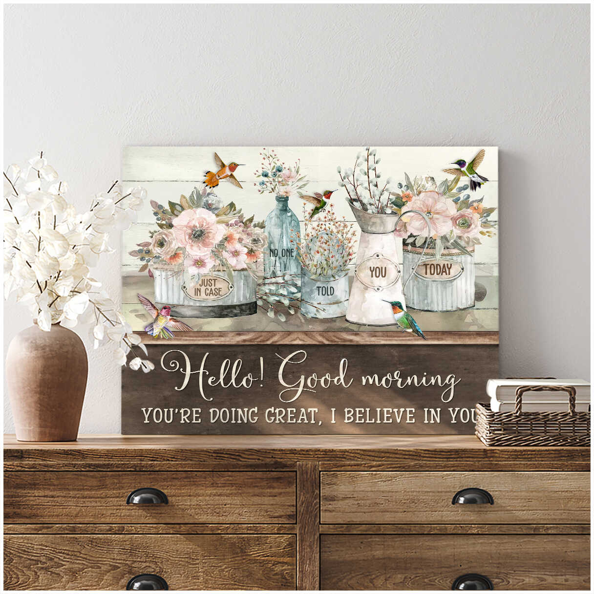 Ohcanvas Hello Good Morning Flowers And Hummingbirds Canvas Wall Art